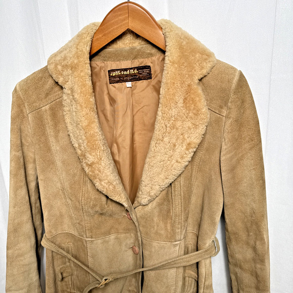 Vintage 1970s Split End Ltd Leather Jacket Women’s Medium Wool Trim Belted FLAWS - Picture 4 of 12